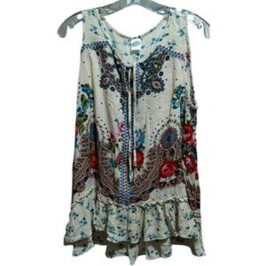 Bila Boho Hippie Floral Ruffled Hi-Low Sleeveless Pullover Peasant Top Sz L